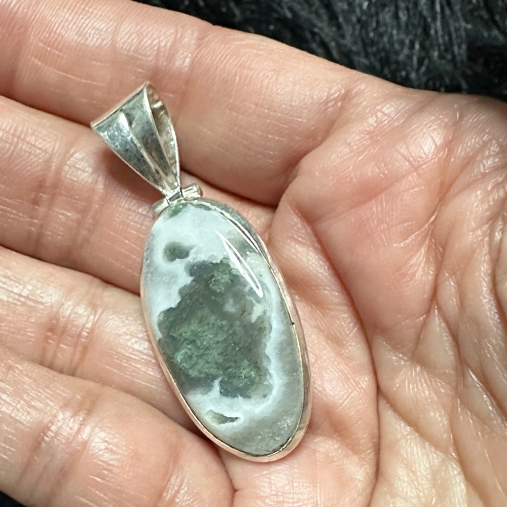 Artisan handcrafted, jewelry Moss Agate Pendant Bezel Set Cabochon Art To Wear